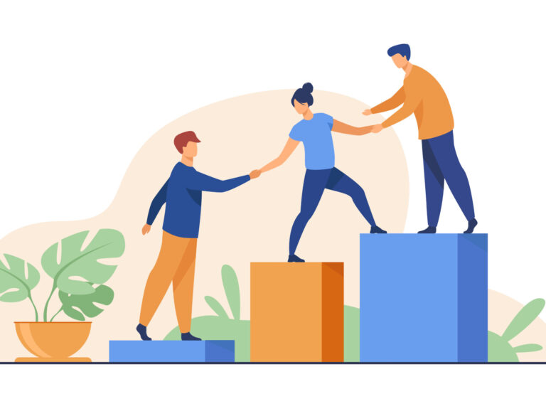 Employees giving hands and helping colleagues to walk upstairs Employees giving hands and helping colleagues to walk upstairs. Team giving support, growing together. Vector illustration for teamwork, mentorship, cooperation concept